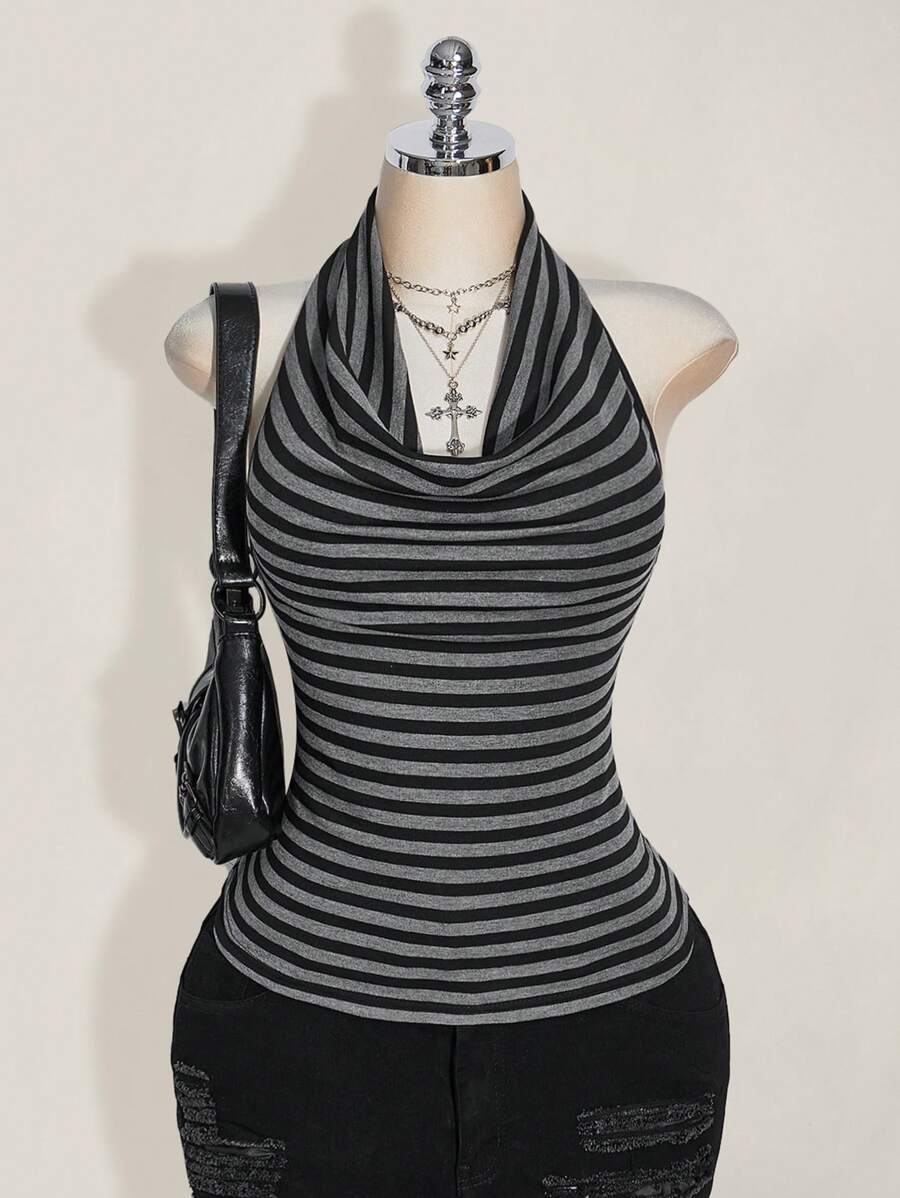 SHEIN ICON 大码垂坠领口条纹针织露背上衣，复古 Y2K 条纹垂坠领口上衣，适合返校季、毕业季、暑假、约会、日常穿着