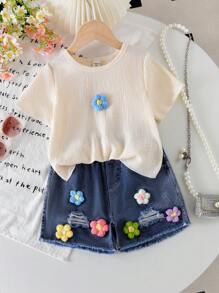 Young Girls Short Sleeve Tshirt, Stylish & Fashionable Young Girl Summer Apparel, Girls Apricot Textured Fabric Floral Print Tshirt Set - Apricot - View 5