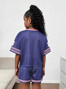 SHIEN Tween Girls 2 chiếc/Bộ Áo thun rộng cổ chữ V in hình cành ô liu tối giản giản dị và quần short Jersey, Bộ đồ thể thao mùa hè - Màu tím - Xem 11