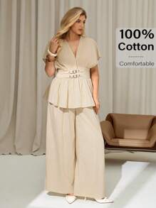 Auralis 大码女装高智商风格双扣可调节收腰百褶衬衫和裤子套装，女式两件套，衬衫套装，休闲夏季套装，度假两件套，两件套夏季套装女士休闲套装 - 杏色 - 查看 4