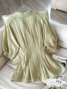 Modelyn Women's Solid Color Casual Short Sleeve Blouse - Olive Green - View 2