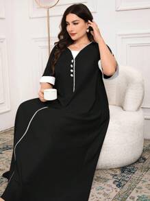 Al Najma Casual Loose Contrast Color Short Sleeve Plus Size Arabian Dress For Women - Black and White - View 6