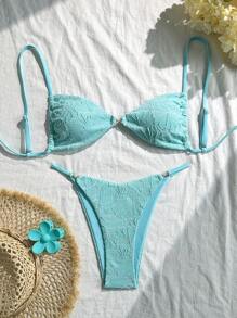 Swim Vcay 2pcs/Set Summer Vacation Textured Fabric, Spaghetti Strap Gold Decor Strapless Bra And Bikini Swimwear Set For Women, Sexy - Mint Blue - View 1