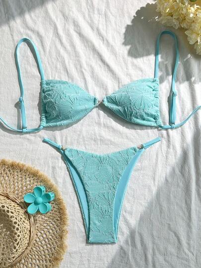 Swim Vcay 2 件套夏季度假纹理面料，细肩带金色装饰无肩带文胸和比基尼泳装套装，女士性感