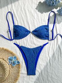 Swim Vcay 2pcs Summer Holiday Textured Fabric Spaghetti Strap Golden Accessory Bandeau Top & Bikini Bottoms Sexy Women Swimsuit Set - Blue - View 1