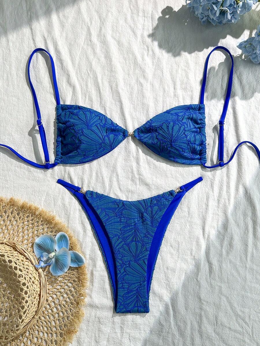 Swim Vcay 2pcs Summer Holiday Textured Fabric Spaghetti Strap Golden Accessory Bandeau Top & Bikini Bottoms Sexy Women Swimsuit Set - Blue - View 1