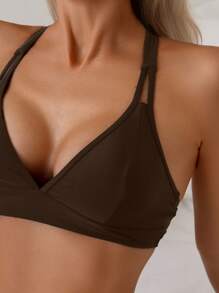 Swim Basics 女士纯色交叉背带简约休闲比基尼上衣 - 咖啡棕 - 查看 5