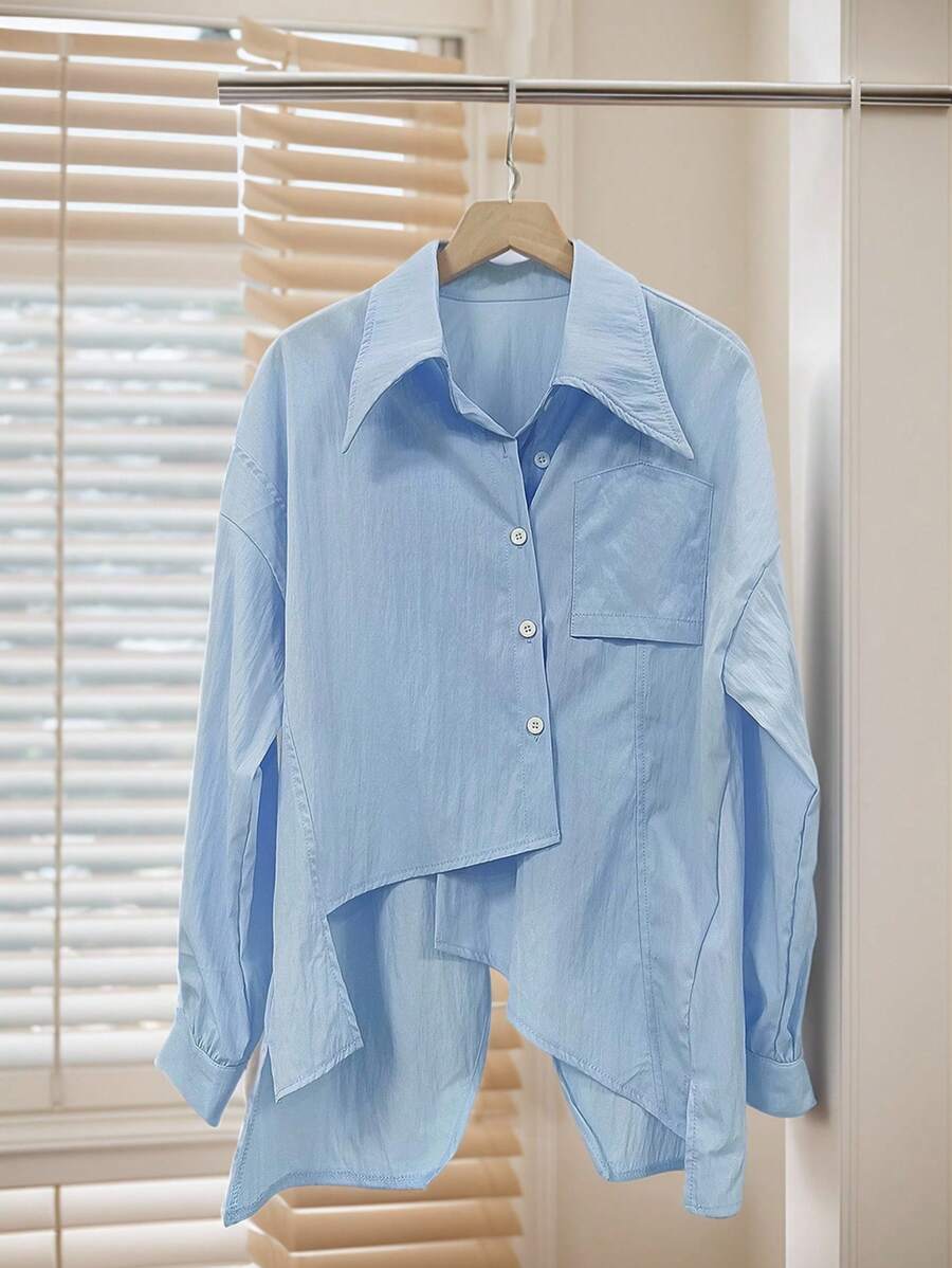 INAWLY Asymmetric Hem Solid Color Casual/Work Shirt Blue Modest - Blue - View 1