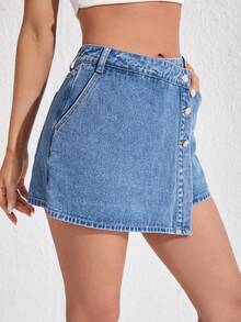 SHEIN Tall Women's Fashionable Casual Daily Versatile Single-Breasted Denim Skort - Medium Wash - View 4