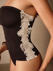 Anewsta 女士蕾丝拼布抹胸上衣和三角泳裤比基尼套装 - 藏蓝色 - 查看 4