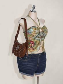 SHEIN ICON 大码女式花卉印花不对称下摆褶皱露背上衣，复古 Y2K 风格花卉印花露背衬衫 - 彩色 - 查看 5