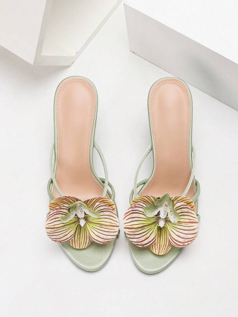 CUCCOO SZL 女士时尚绿色兰花装饰细高跟凉鞋，适合度假和派对 - 橄欖綠 - 查看 1