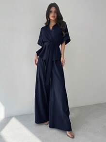 Firerie 2 件女士优雅休闲度假通勤 V 领宽松腰衬衫上衣和高腰阔腿裤套装，适合春夏秋季，休闲通勤套装，宽松套装，通勤，优雅，母亲节，教师节，工作装