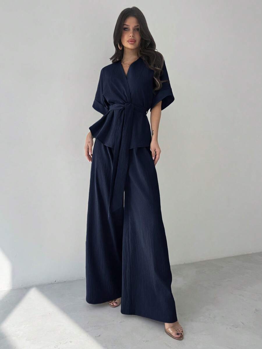 Firerie 2 件女士优雅休闲度假通勤 V 领宽松腰衬衫上衣和高腰阔腿裤套装，适合春夏秋季，休闲通勤套装，宽松套装，通勤，优雅，母亲节，教师节，工作装