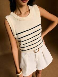 Poéselle 女士条纹印花圆领时尚休闲条纹针织上衣，女士夏季针织上衣毛衣背心针织背心条纹上衣秋冬