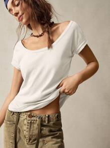 Bohemela Áo thun cổ tròn tay ngắn dệt kim màu trơn cho nữ, giải trí & nghỉ dưỡng - trắng - Xem 8