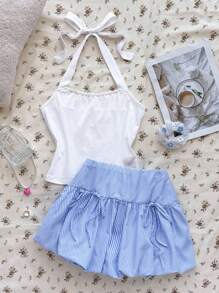 SHEIN Conjunto de ropa de 2 piezas para adolescentes de primavera y verano con estilo "Clean Girl" que incluye top de tirantes de punto blanco + falda corta acampanada a rayas - Azul y blanco - Ver 8