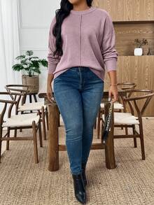 EMERY ROSE Damen Pullover in Großen Größen mit rundem Ausschnitt, Drop-Shoulder und Langarm, einfarbig, geeignet für Frühling und Herbst - Altrosa - Übersicht 6