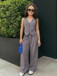 Firerie Kids Firerie Kids Nova Glow Tween Girls Casual Street-Chic Fashion Commuting&School Style Woven Striped Wide-Leg Straight Pants, Dark Gray