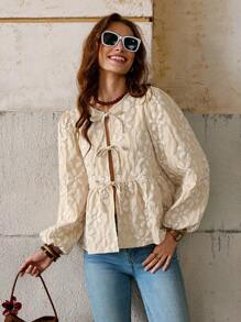 Solivie 1 件女式花卉纹理面料领带蝴蝶结长袖衬衫，长袖上衣 - 杏色 - 查看 12