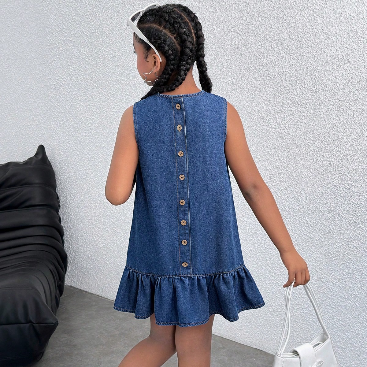 Vestido de mezclilla sin mangas para niñas preadolescentes, casual, de unicolor, lavado, con botones en la espalda, espalda abierta y dobladillo con