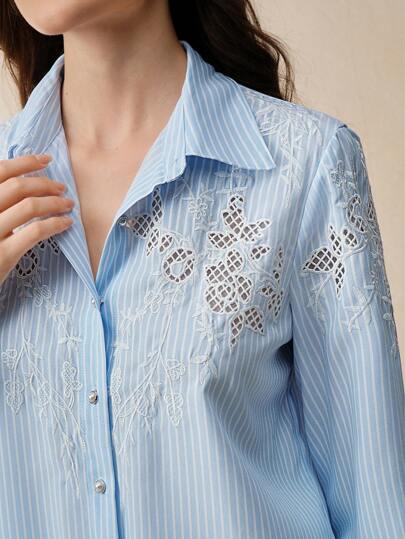 Anewsta 优雅现代设计镂空钩针花卉衬衫，时尚长袖衬衫，适合春夏季