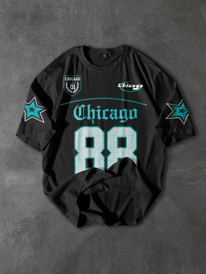 PAVTROS Manfinity Streetrush Men's Letter & Star Graphic Print Round Neck Short Sleeve T-Shirt, Casual & Versatile For Summer Chicago Shirt Jersey Jerseys For Men Oversized Jersey 88 Jersey Chicago Jersey Y2k Jersey Anime Jersey