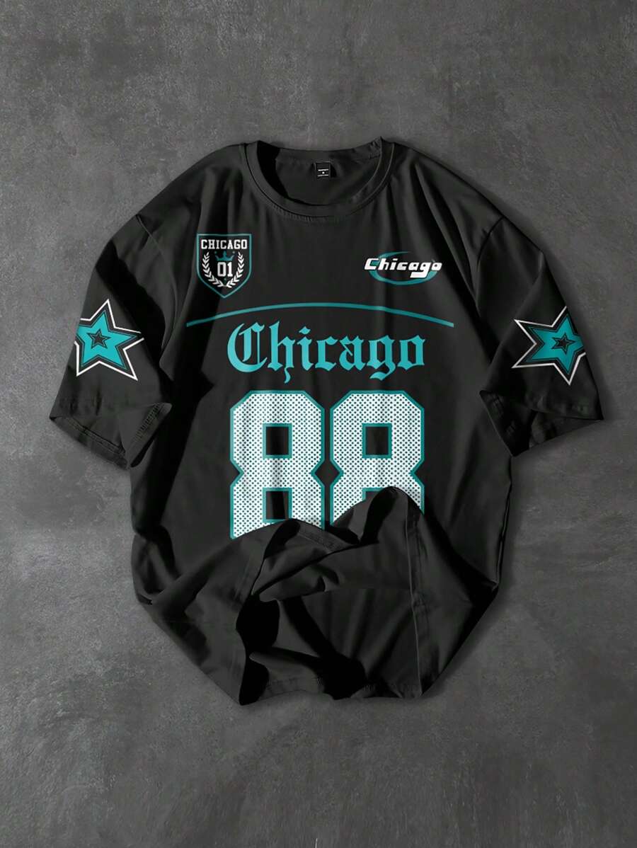 PAVTROS 男士字母和星星图案印花圆领短袖T恤，休闲百搭，适合夏季