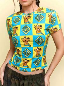 SCOOBY-DOO X SHEIN 女士紧身短款T恤，格子图案，狗狗图案，卡通图案，休闲，夏季