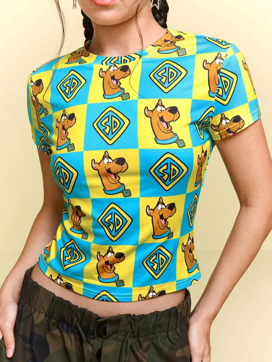 SCOOBY-DOO X SHEIN 女士紧身短款T恤，格子图案，狗狗图案，卡通图案，休闲，夏季