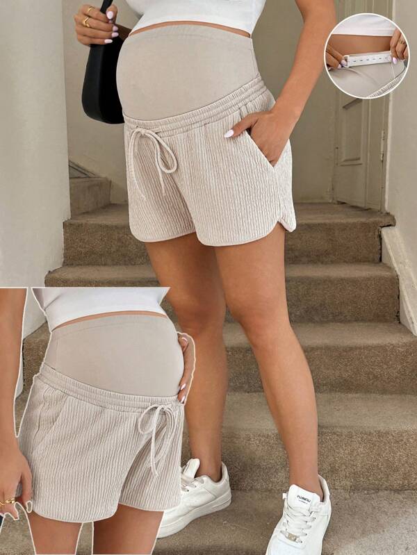 SHEIN Schwangerschafts Sommer Lässig einfarbige Shorts mit hoher Taille, für Schwangere im Sommer, Strick Leinen