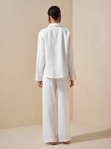 Zivah 2025 New Summer Casual Elegant Vacation Daily Dating Commuting Work Wear Simple Basic Style Lapel Long-Sleeved Drop Shoulder Loose Shirt + Wide-Leg Ultra-Long Pants White Women's Two Pieces Suit White Two Pieces Set Women Women White Summer Set Loungewear Women