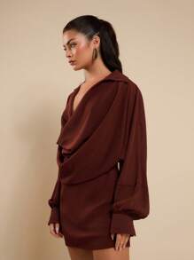 COSMINA Vestido mini elegante con cuello drapeado para mujer, adecuado para banquetes, primavera/verano - Marrón - Ver 7