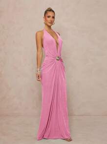 Lumalex Metallic Vacations Beach Music Festival Deep V Neck Elastic Flowy Dress For Women, Elegant & - Pink - View 5