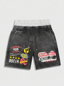 ROMWE MEN Prep Men's Letter Printed Pockets Double-Layer Waistband Drawstring Waist Shorts - Multicolor - View 1