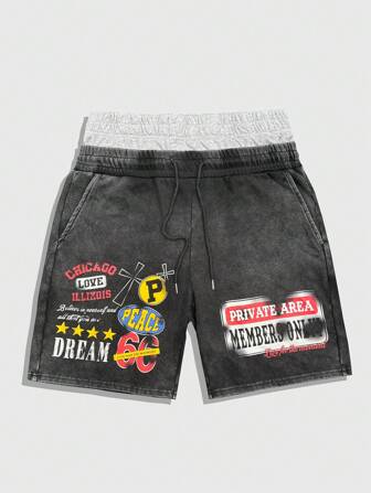 Street Life Shorts à double couche avec cordon de serrage à la taille, imprimé lettrage, pour hommes