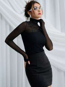 DAZY 高领网眼上衣透明长袖女式上衣，秋季女装 - 黑色 - 查看 6