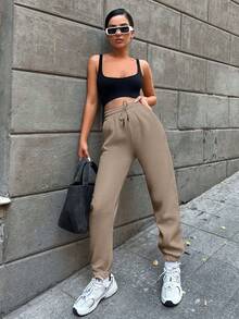 EURMUSE Ladies' Basic Solid Color Drawstring Waist Sweatpants - Beige - View 6