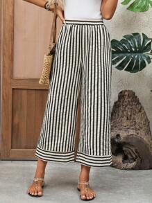 EMERY ROSE 女士休闲条纹印花松紧腰宽松阔腿裤夏季女式宽松裤