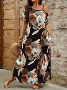 Breezaya 大码女式优雅简约时尚金属装饰露肩短袖宽松中长连衣裙 - 黑色 - 查看 1