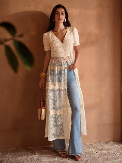 MOTF PREMIUM 对比色蕾丝纽扣罩衫