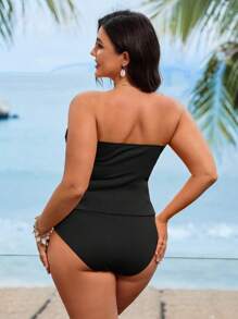 Swim Lushoire Plus Size Women Pink Sling Bandeau Splicing Contrast Color Slimming High-End Beach Resort Swimsuit For Summer Beach Vacation - Black - View 2