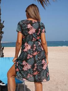 SHEIN Sukienka ciążowa z nadrukiem roślin tropikalnych i rękawami w kształcie nietoperza, idealna na podróż i wakacje