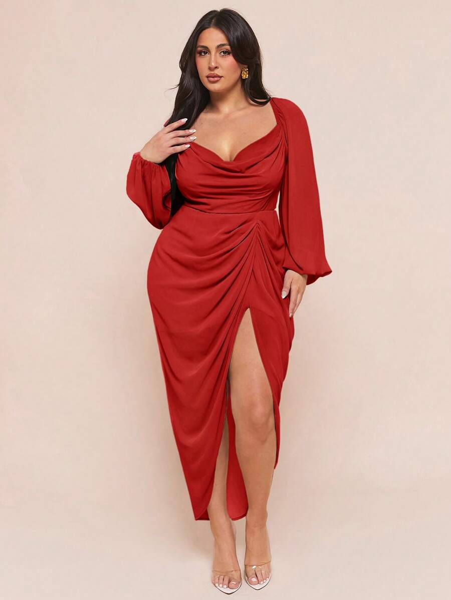 SHEIN BAE 女士加大码优雅亮片闪光垂褶领长袖褶皱不对称下摆开衩派对连衣裙，橄榄绿，婚礼宾客礼服 - 紅色 - 查看 1