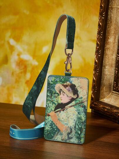 SHEIN Touch of Art 1pc PU Leather Figure Graphic Card Holder Lanyard, Fits 1-2 Cards, 1 Clear Window, Neck Strap For Carrying, Suitable For Men, Women, Students, Oscar-Claude Monet, Art, Elegant