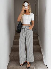 Easowa Pantalones casuales con rayas para mujer, nuevos pantalones rectos anchos y sueltos con efecto de drapeado, look alargado, para primavera y otoño