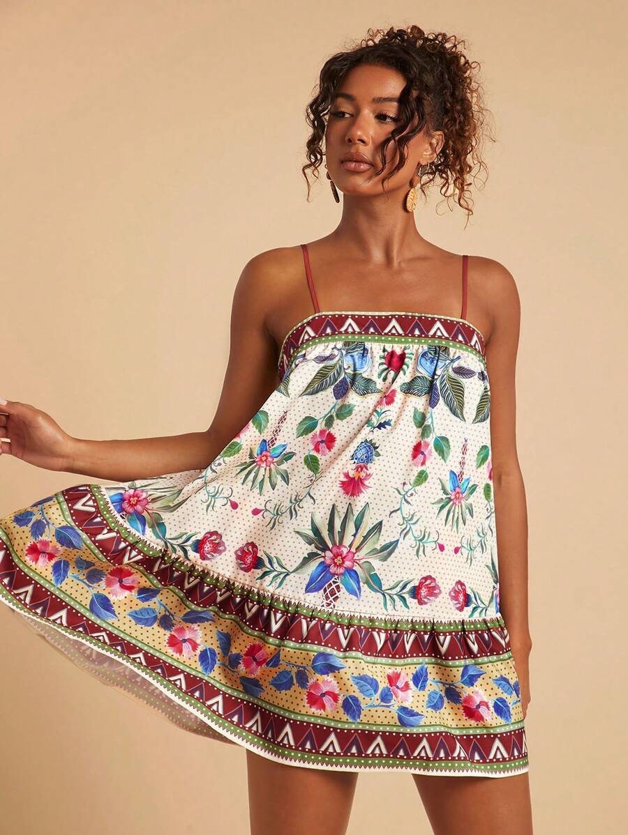 Travachic Robe courte à bretelles imprimées tissées pour femmes, tenues d'été pour femmes, vêtements de plage, printemps et été, Pâques, tenues de vacances, tenues de plage pour femmes, vacances de printemps, tenues de vacances pour femmes, tenue de concert pour femmes, BOHO, bohème, festival de musique, vêtements de vacances tropicales pour femmes, romantique - Multicolore - Voir 1