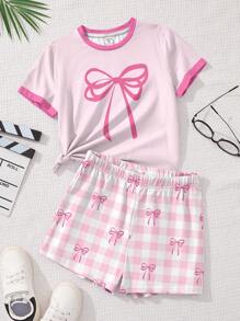 SHEIN 2pcs Tween Girl Pink Bowknot & Plaid Print Casual Short Sleeve Top & Shorts Set, Summer - Multicolor - View 2