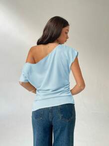Aloruh Women's Plain Asymmetric Ruched Collar Short Sleeve Elegant Blouse, Summer - Blue - View 2