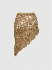 ROMWE Hippie Váy chữ A tua rua đan móc phong cách Bohemian cổ điển dành cho nữ đi biển - màu nâu - Xem 2